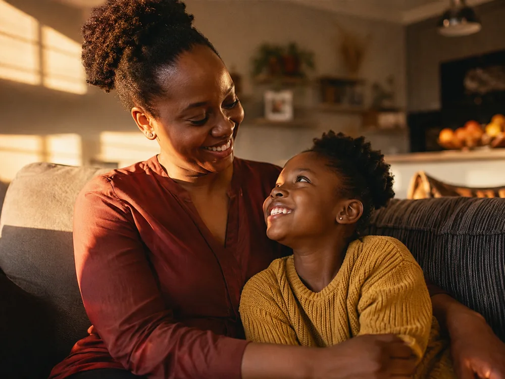 A parent and child sharing a warm moment at home